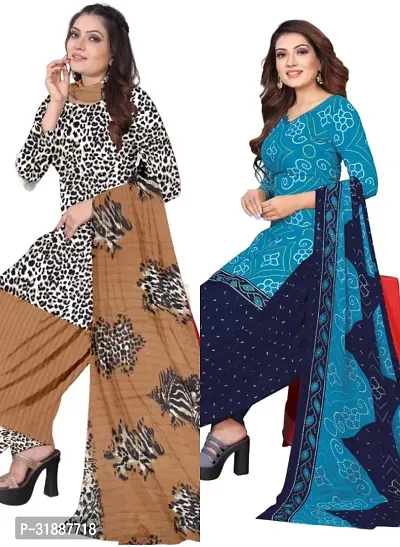 Elegant Multicoloured Cotton Printed Dress Material with Dupatta For Women (Combo Pack of 2)-thumb0