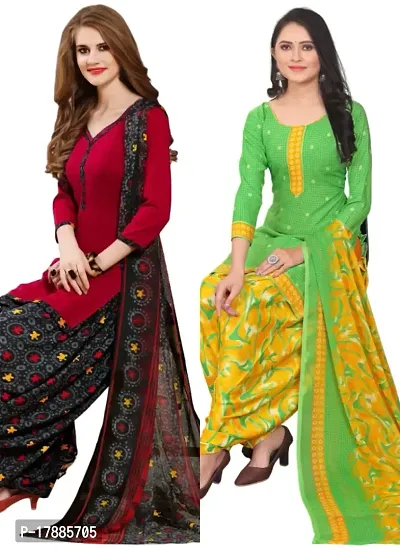 Red  Green Crepe Printed Dress Material with Dupatta For Women (Combo pack of 2)