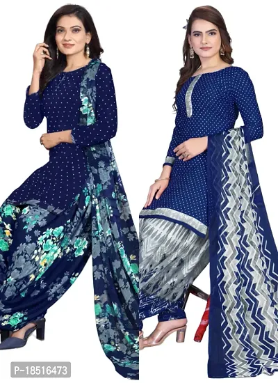 Navy Blue  Navy Blue Crepe Printed Dress Material with Dupatta For Women (Combo pack of 2)-thumb0