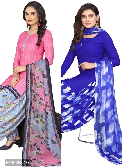 Pink  Blue Crepe Printed Dress Material with Dupatta For Women (Combo pack of 2)