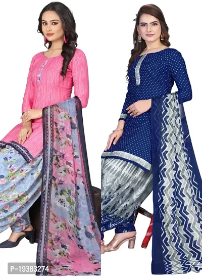 Pink  Navy Blue Crepe Printed Dress Material with Dupatta For Women (Combo pack of 2)-thumb0