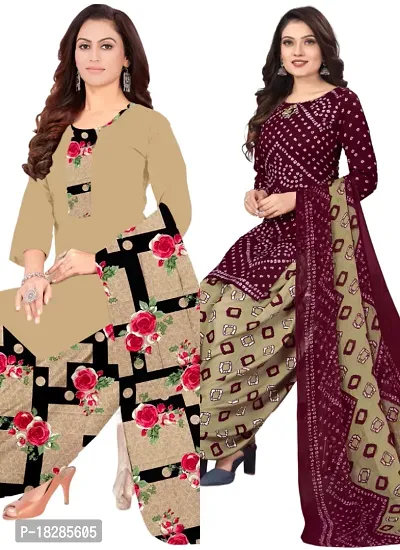 Beige  Maroon Crepe Printed Dress Material with Dupatta For Women (Combo pack of 2)