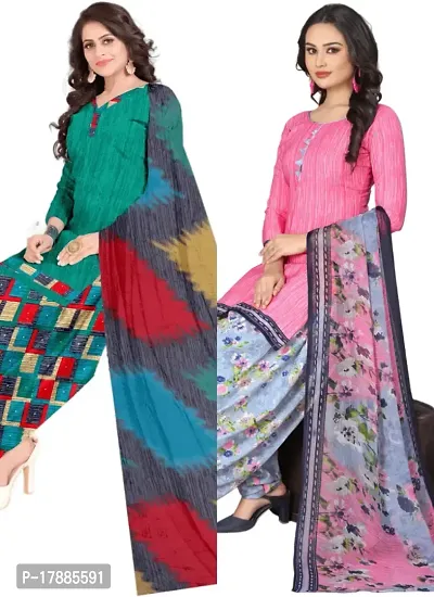 Turquoise  Pink Crepe Printed Dress Material with Dupatta For Women (Combo pack of 2)