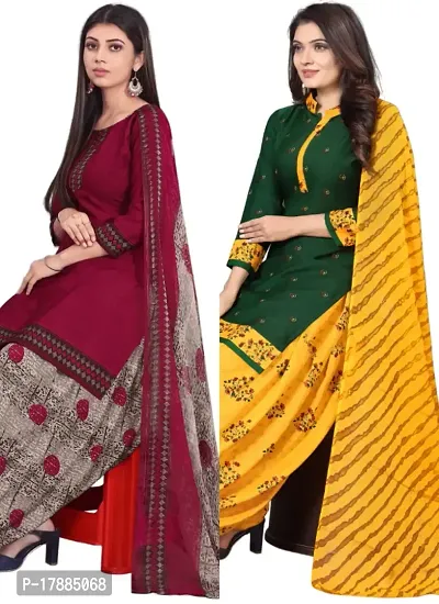 Maroon  Green Crepe Printed Dress Material with Dupatta For Women (Combo pack of 2)