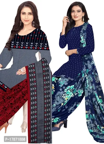 Grey  Navy Blue Crepe Printed Dress Material with Dupatta For Women (Combo pack of 2)-thumb0