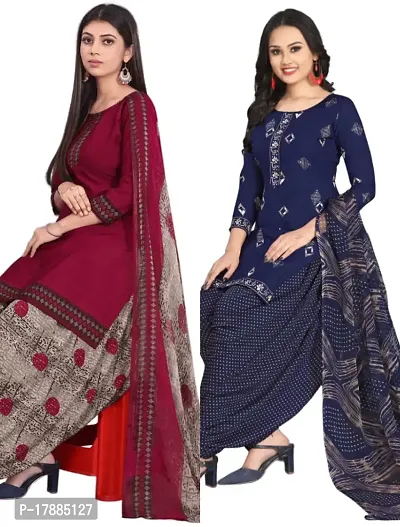 Maroon  Navy Blue Crepe Printed Dress Material with Dupatta For Women (Combo pack of 2)-thumb0