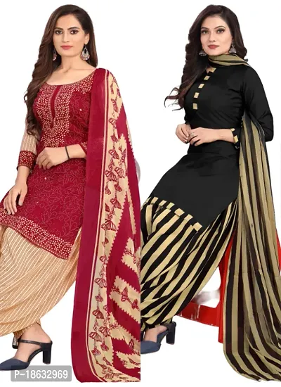 Red  Black Crepe Printed Dress Material with Dupatta For Women (Combo pack of 2)-thumb0