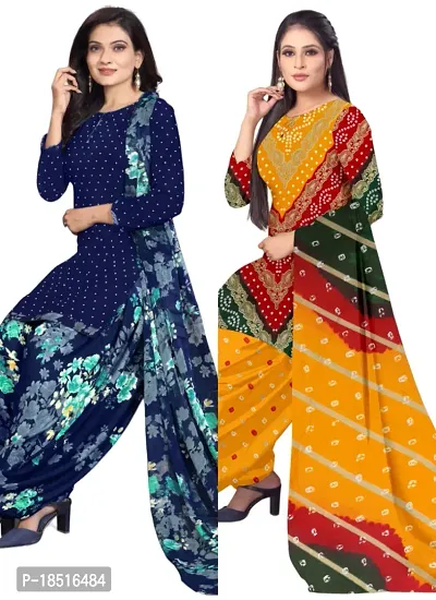 Navy Blue  Multicolor Crepe Printed Dress Material with Dupatta For Women (Combo pack of 2)