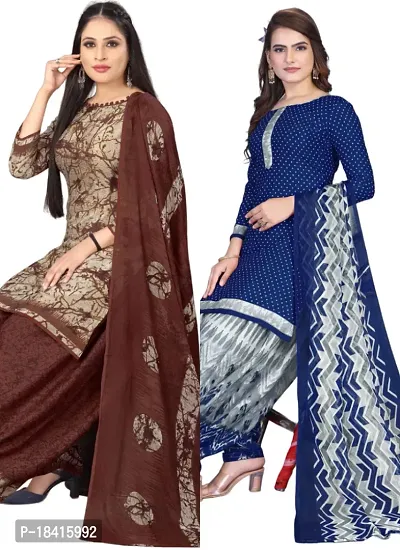 Beige  Navy Blue Crepe Printed Dress Material with Dupatta For Women (Combo pack of 2)-thumb0