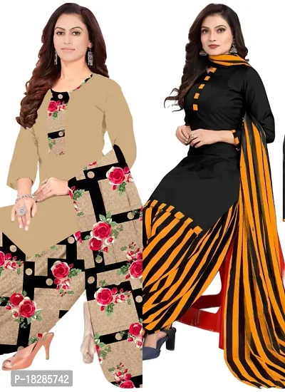 Beige  Black Crepe Printed Dress Material with Dupatta For Women (Combo pack of 2)-thumb0