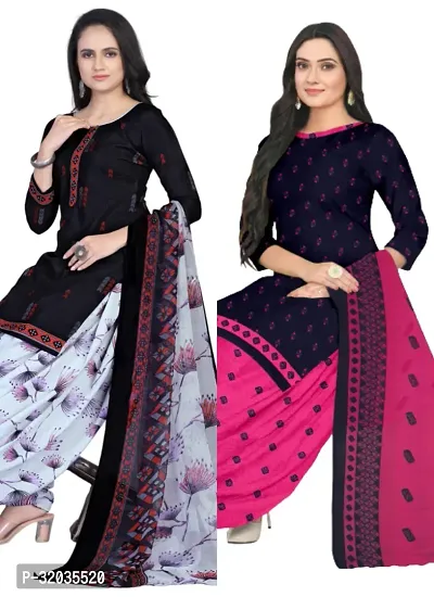 Elegant Multicoloured Cotton Printed Dress Material with Dupatta For Women (Combo Pack of 2)-thumb0