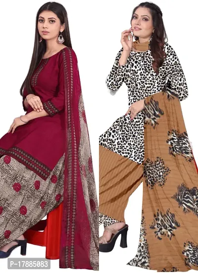 Maroon  White Crepe Printed Dress Material with Dupatta For Women (Combo pack of 2)