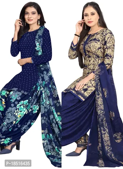 Navy Blue  Beige Crepe Printed Dress Material with Dupatta For Women (Combo pack of 2)