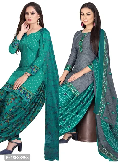 Teal  Grey Crepe Printed Dress Material with Dupatta For Women (Combo pack of 2)