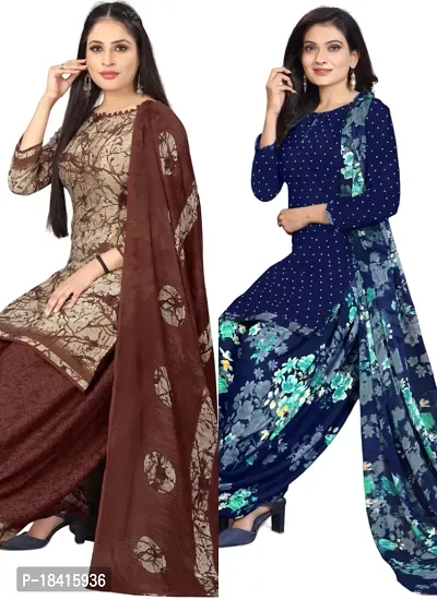 Beige  Navy Blue Crepe Printed Dress Material with Dupatta For Women (Combo pack of 2)