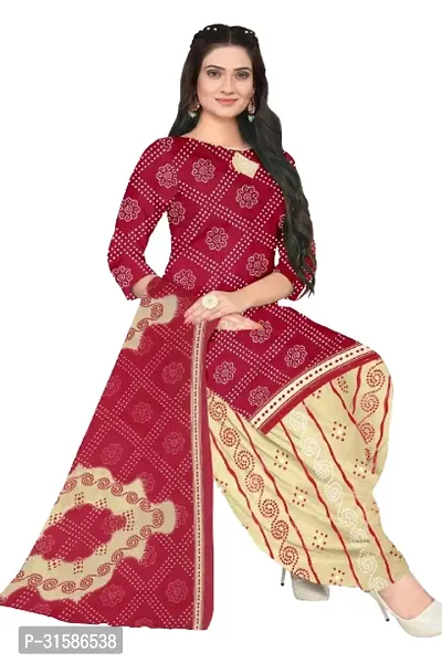 Elegant Red Cotton Blend Printed Dress Material with Dupatta For Women-thumb0