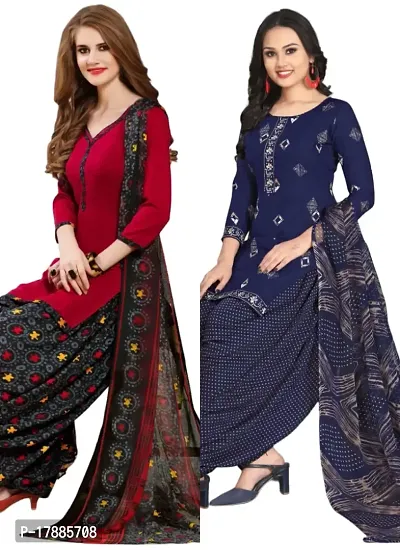 Red  Navy Blue Crepe Printed Dress Material with Dupatta For Women (Combo pack of 2)-thumb0