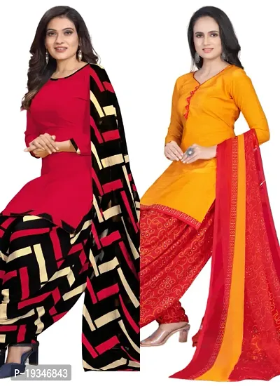 Red  Yellow Crepe Printed Dress Material with Dupatta For Women (Combo pack of 2)