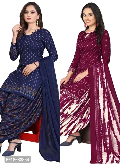 Navy Blue  Maroon Crepe Printed Dress Material with Dupatta For Women (Combo pack of 2)-thumb0