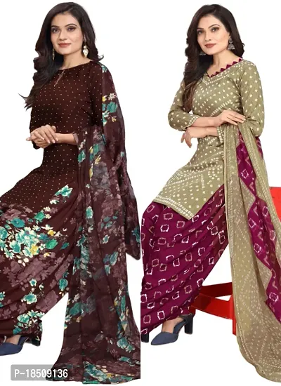 Brown  Multicolor Crepe Printed Dress Material with Dupatta For Women (Combo pack of 2)