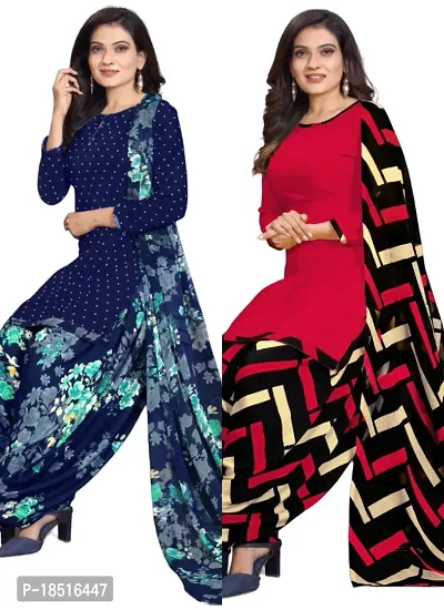 Navy Blue  Red Crepe Printed Dress Material with Dupatta For Women (Combo pack of 2)
