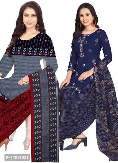 Grey  Navy Blue Crepe Printed Dress Material with Dupatta For Women (Combo pack of 2)-thumb0