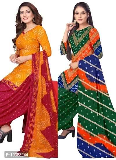 Orange  Multicolor Crepe Printed Dress Material with Dupatta For Women (Combo pack of 2)-thumb0