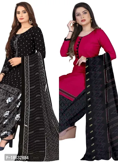 Black  Pink Crepe Printed Dress Material with Dupatta For Women (Combo pack of 2)-thumb0