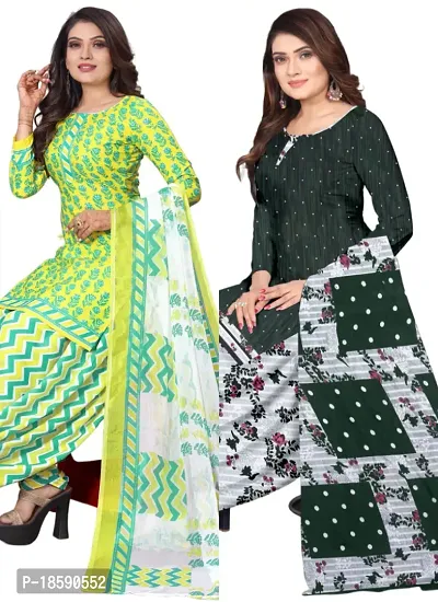 Yellow  Green Crepe Printed Dress Material with Dupatta For Women (Combo pack of 2)