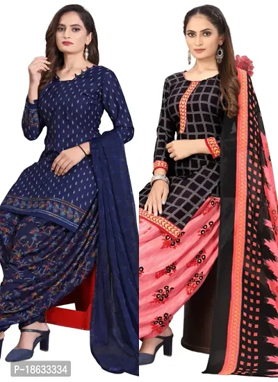 Navy Blue  Black Crepe Printed Dress Material with Dupatta For Women (Combo pack of 2)-thumb0