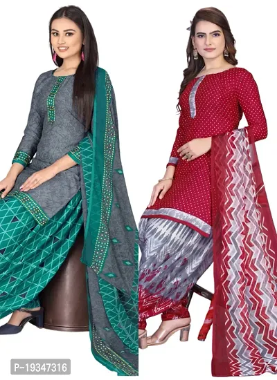 Grey  Maroon Crepe Printed Dress Material with Dupatta For Women (Combo pack of 2)-thumb0