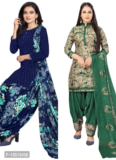 Navy Blue  Beige Crepe Printed Dress Material with Dupatta For Women (Combo pack of 2)