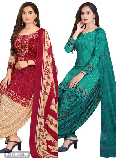 Red  Teal Crepe Printed Dress Material with Dupatta For Women (Combo pack of 2)