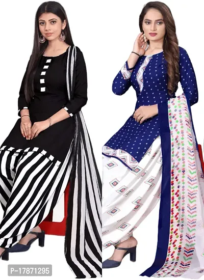 Black  Navy Blue Crepe Printed Dress Material with Dupatta For Women (Combo pack of 2)-thumb0