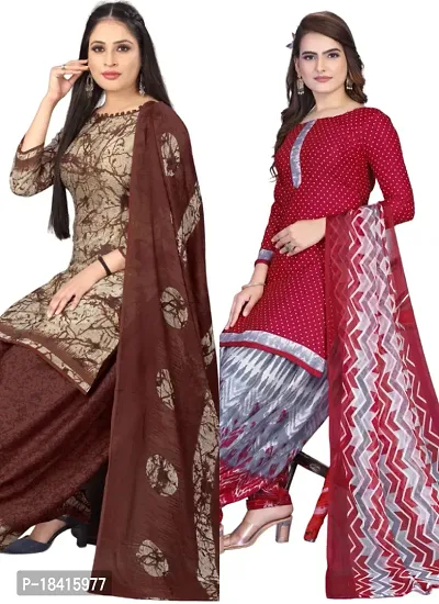 Beige  Maroon Crepe Printed Dress Material with Dupatta For Women (Combo pack of 2)-thumb0