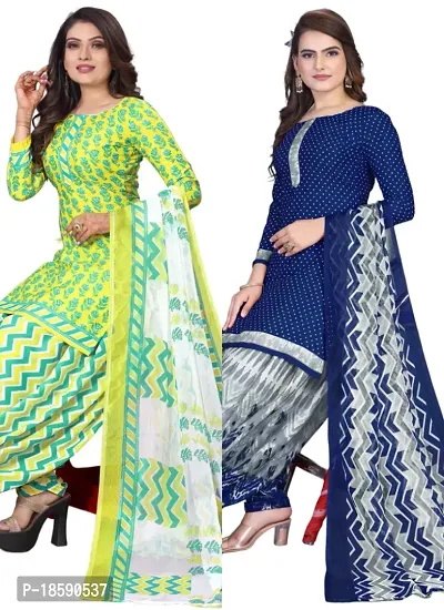 Yellow  Navy Blue Crepe Printed Dress Material with Dupatta For Women (Combo pack of 2)