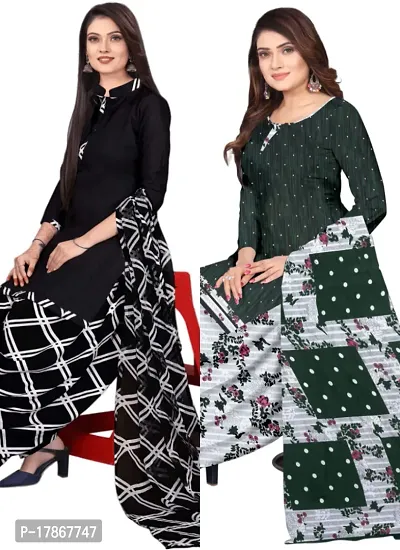 Black  Green Crepe Printed Dress Material with Dupatta For Women (Combo pack of 2)