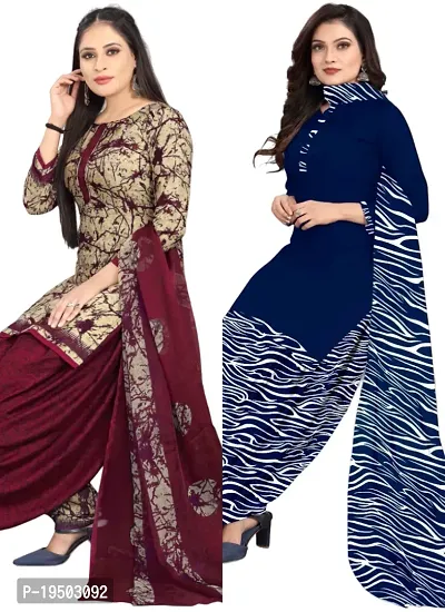 Beige  Navy Blue Crepe Printed Dress Material with Dupatta For Women (Combo pack of 2)