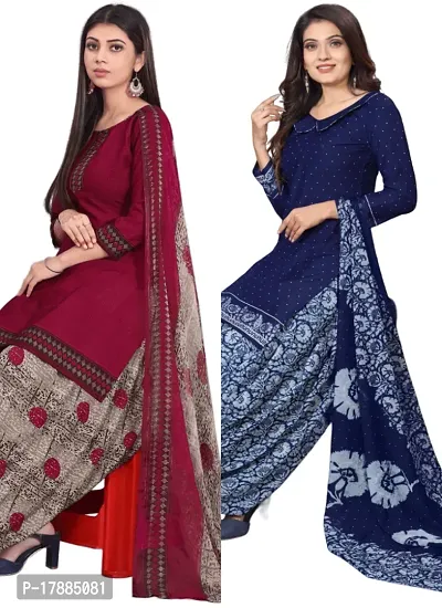 Maroon  Navy Blue Crepe Printed Dress Material with Dupatta For Women (Combo pack of 2)-thumb0