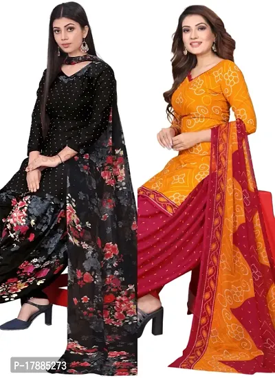 Black  Orange Crepe Printed Dress Material with Dupatta For Women (Combo pack of 2)