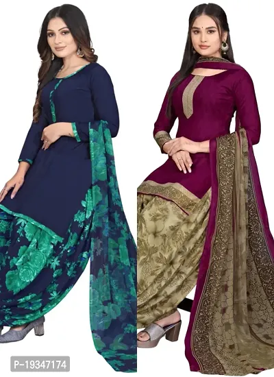 Blue  Wine Crepe Printed Dress Material with Dupatta For Women (Combo pack of 2)