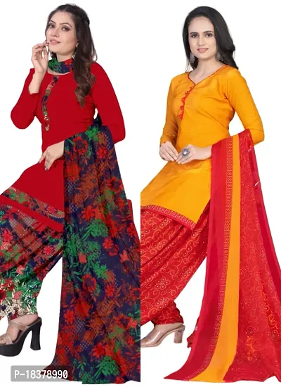 Red  Yellow Crepe Printed Dress Material with Dupatta For Women (Combo pack of 2)-thumb0