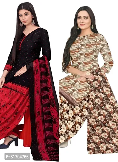 Elegant Multicoloured Cotton Printed Dress Material with Dupatta For Women (Combo Pack of 2)-thumb0