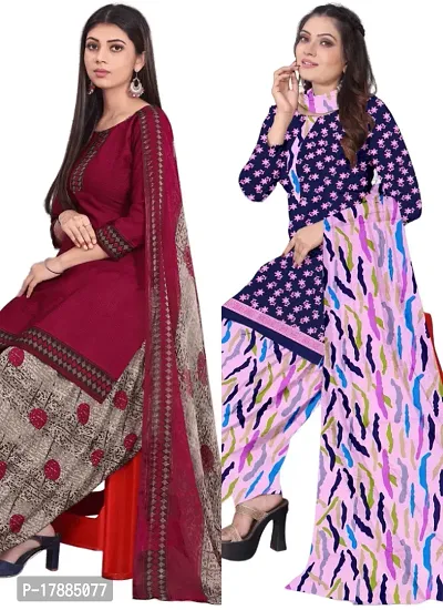 Maroon  Blue Crepe Printed Dress Material with Dupatta For Women (Combo pack of 2)-thumb0