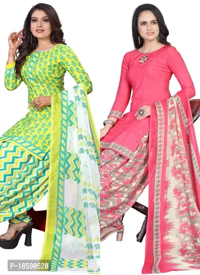 Yellow  Pink Crepe Printed Dress Material with Dupatta For Women (Combo pack of 2)-thumb0