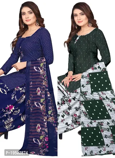 Navy Blue  Green Crepe Printed Dress Material with Dupatta For Women (Combo pack of 2)-thumb0