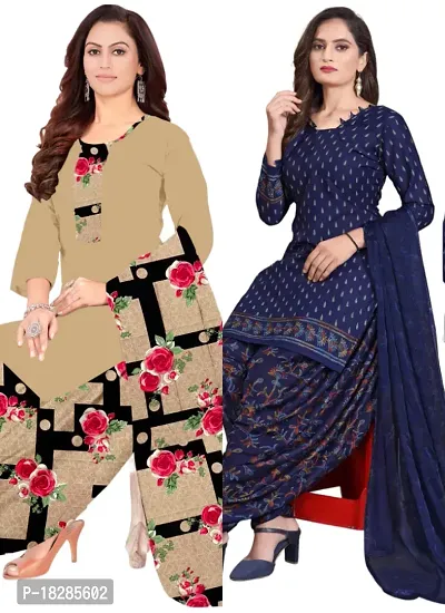 Beige  Navy Blue Crepe Printed Dress Material with Dupatta For Women (Combo pack of 2)-thumb0