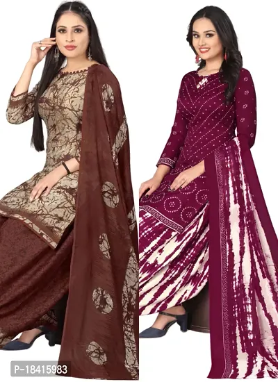 Beige  Maroon Crepe Printed Dress Material with Dupatta For Women (Combo pack of 2)