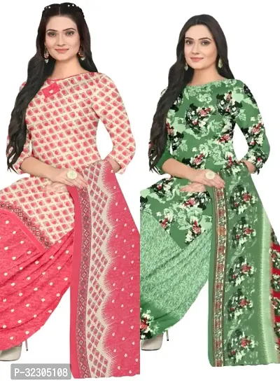 Elegant Multicoloured Cotton Printed Dress Material with Dupatta For Women - Pack of 2