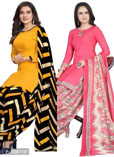 Yellow  Pink Crepe Printed Dress Material with Dupatta For Women (Combo pack of 2)